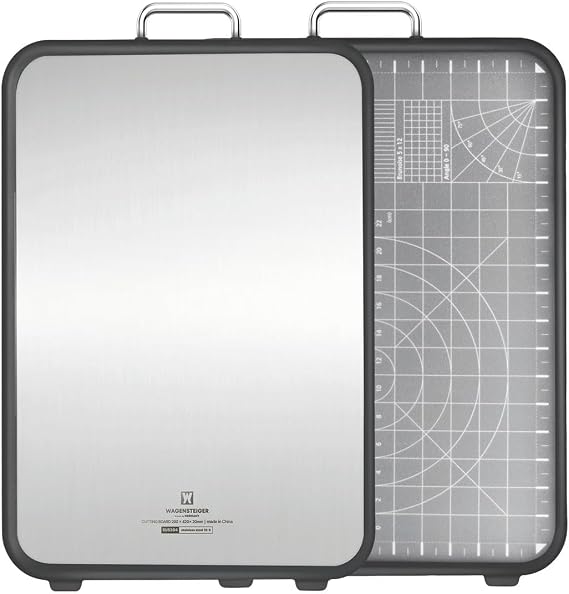 WAGENSTEIGER Stainless Steel Double Sided Chopping Board, Cutting Board, Metal Board Side & Plastic Board Side with Wheat Straw PP Inside, Easy to Clean, designed for precision, hygiene