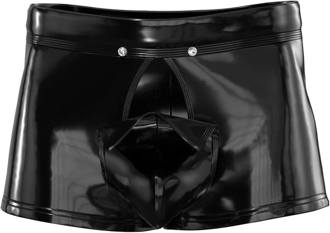 Mens Latex PVC Faux Leather Short Pants Removable Pouch Boxer Shorts Hot Pants Boyshorts