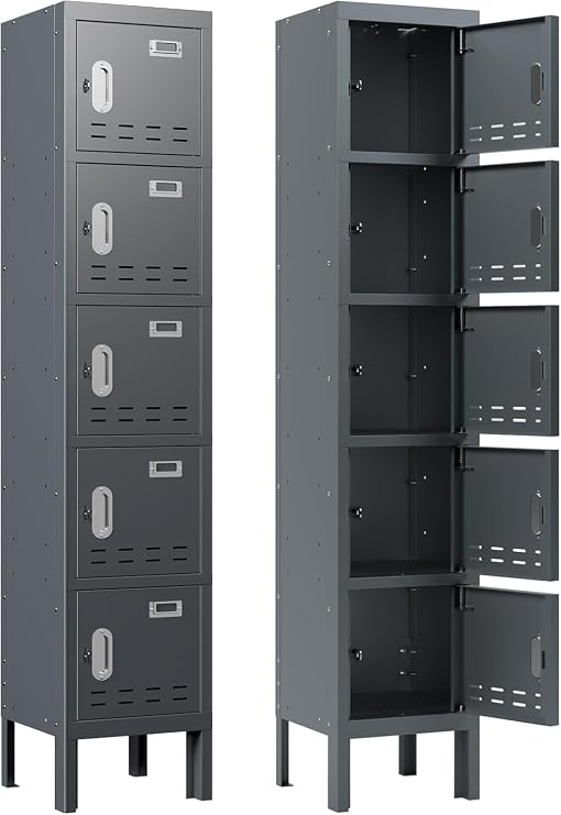 Employees Lockers 66" 5-Door Storage Metal Locker Cabinet for School, Gym, Home Office & Garage, Secure Equipment & Tools Organization(5 Doors,Gray)