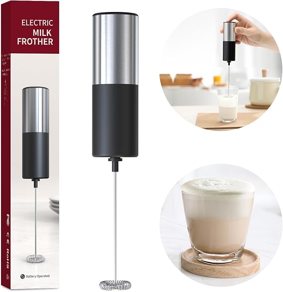 Electric Milk Frother Handheld Drink Mixer Hand Coffee Whisk Blender Foam Maker Egg Beater, Battery Operated Stainless Steel Whisk & Body, Milkshake Matcha Whisk, Mousseur a Lait Electrique