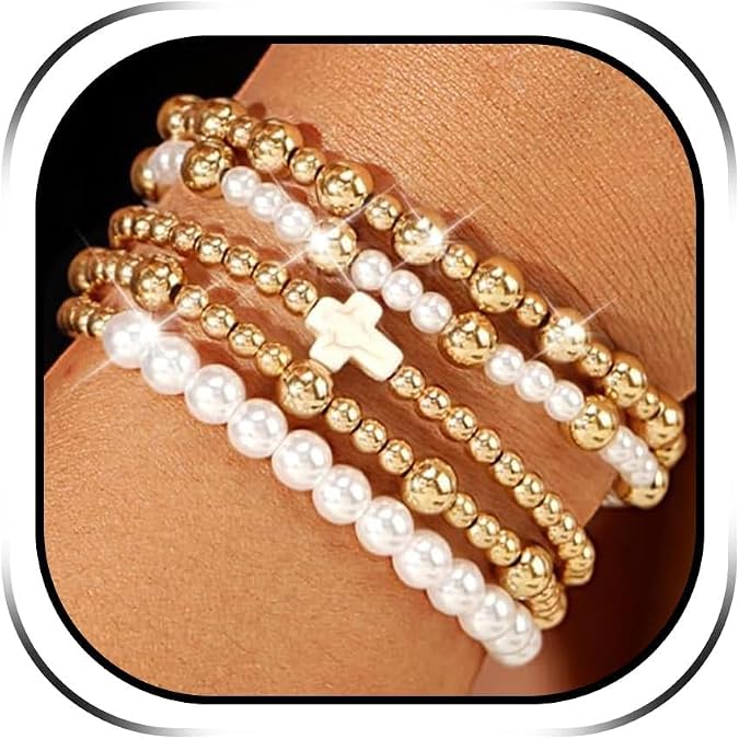 Gold Beaded Bracelets for Women Silver Dainty Pearl Stack Stretch Bracelets Party Favors Trendy Jewelry Gifts Birthday Gifts for Women