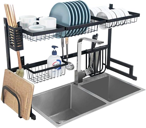 Dish Drying Rack Over Sink Kitchen Supplies Storage Shelf Countertop Space Saver Display Stand Tableware Drainer Organizer Utensils Holder Stainless Steel, Black