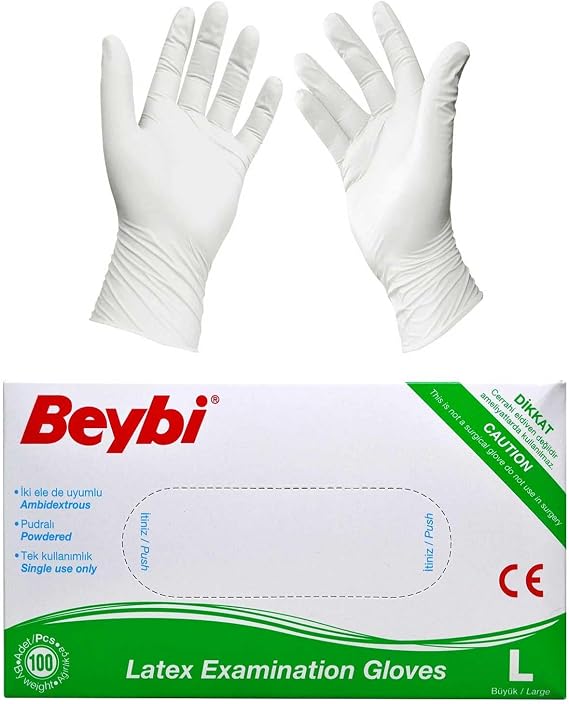 Beybi Large (Büyük Boy) Latex Pudralı Muayne Eldiveni 100'lü Paket