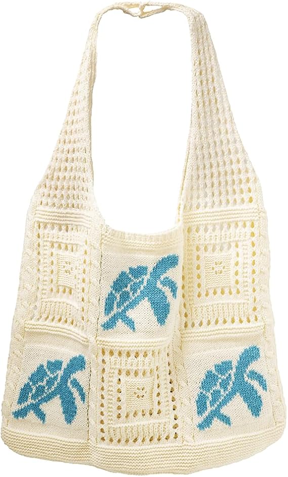 White Crochet Summer Tote Bag Cute Small Mesh Knitted Beach Handbag, Boho Crochet Travel Shoulder Purse with Turtle, Woven Crossbody Knitting Bag for Women, Beach Essentials