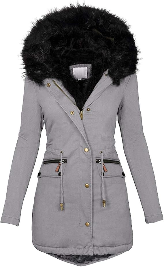 TIMIFIS Womens Coats Plus Size Overcoats with Fur Hood Fleece Chunky Jackets Zipper Button Outerwear Winter Warm Parka