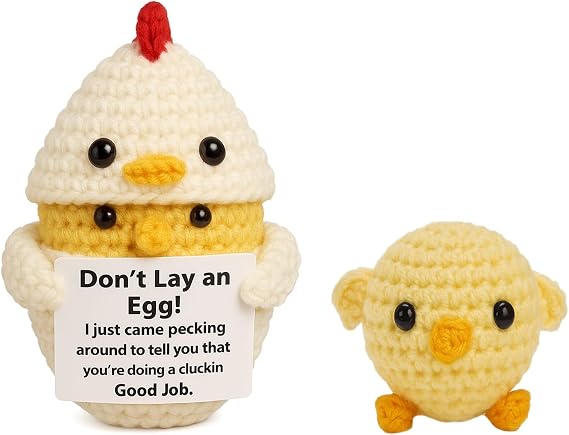 Funny Crocheted Egg with Hidden Chick, Handmade Encouragement Gift | A cluckin' good job card hides inside the perfect funny pick-me-up for coworkers, friends & egg lovers who need a smile