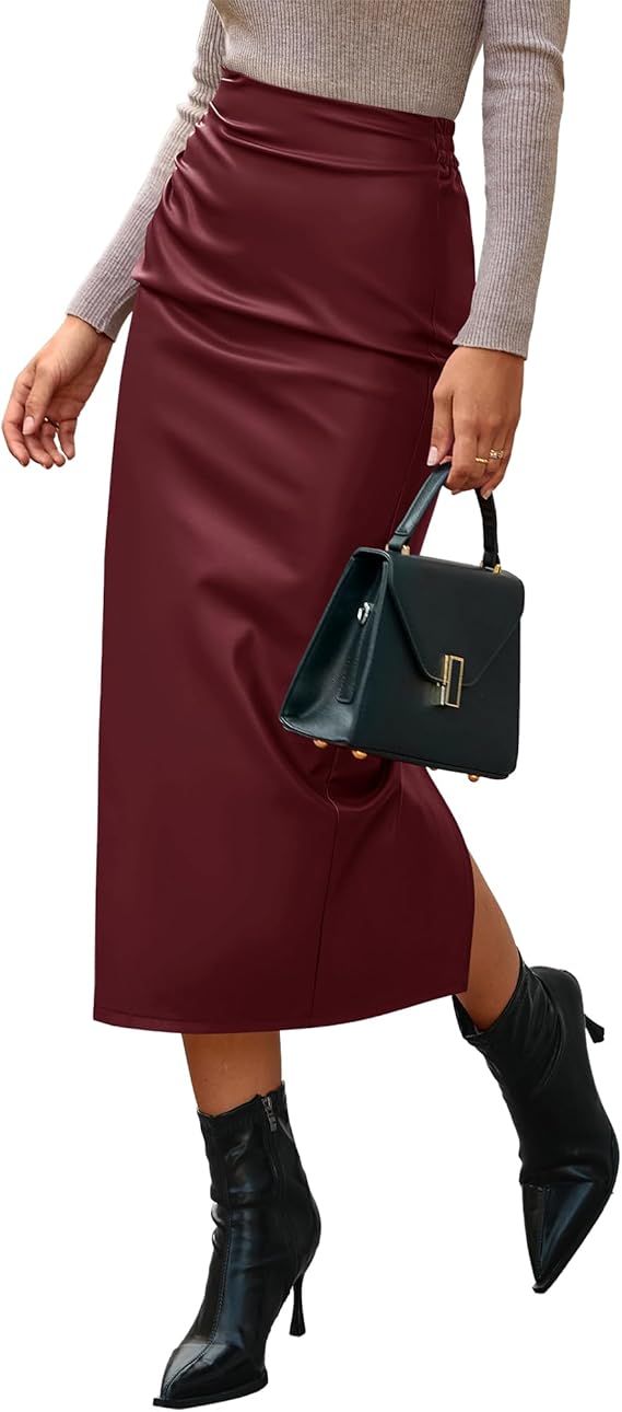 BTFBM Women's Leather Midi Skirt, Fall 2026 Business Casual | Elastic High Waist, Ruched Detail, Bodycon Style, Pencil Skirts With Slit, Date Night Going Out Office Work Outfits