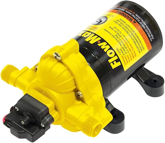 Lippert Components Flow Max 12V RV Water Pump, 3.0 GPM, 50 PSI, 9.5 Max Amp, Self-Priming, Screen Filter Included - 689052 | Self-Priming, Dry-Run Safe, 9.5 Max Amps on 15A Circuit, Corrosion-Resistant Motor, Screen Filter and Connector Included