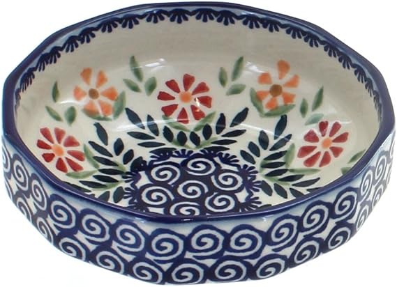 Blue Rose Polish Pottery - Orange Garden Bouquet Small Angular Bowl - 5" Diameter - Unique Dish for Appetizers, Nuts, or Candy