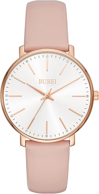 BUREI Women Wrist Watches Fashion Minimalist Analog Leather Quartz Waterproof Watches for Women (Pink, Leather)