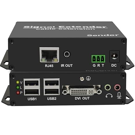 4K USB KVM Extender Over Cat5/6a/7 up to 394ft, DVI KVM Extender, 4-Port USB2.0 Hub for Keyboard & Mouse, USB Flash Drive, Camera, RS232/IR/Audio/Mic, Zero Latency, Plug & Play