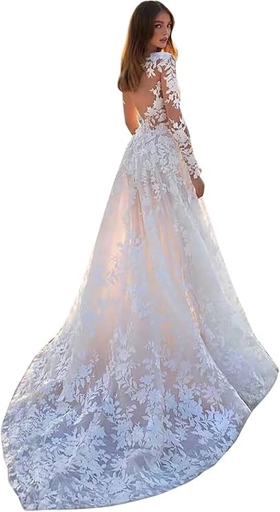 Wedding Dresses for Bride Lace Appliques Tulle Beach Bridal Gowns with Train He9013