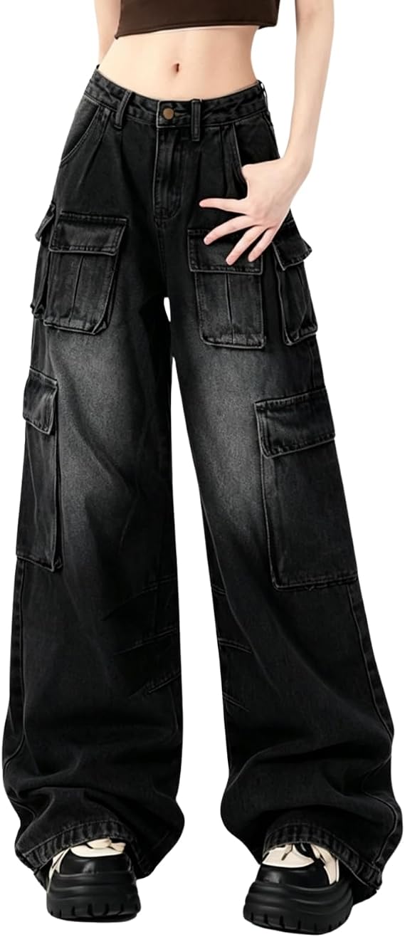 Baggy Cargo Jeans for Women High Waisted Wide Leg Grunge Y2K Pants