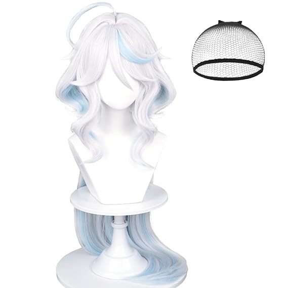 Furina Cosplay Wig for Women White Mixed Blue Wig Focalors Highlights Wig