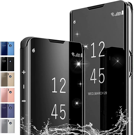 Case for Huawei P40 Pro, Flip Plating Mirror Case with Stand Function,PC/PU Translucent Clear View Shockproof Phone Protective Case Cover for Huawei P40 Pro, Black