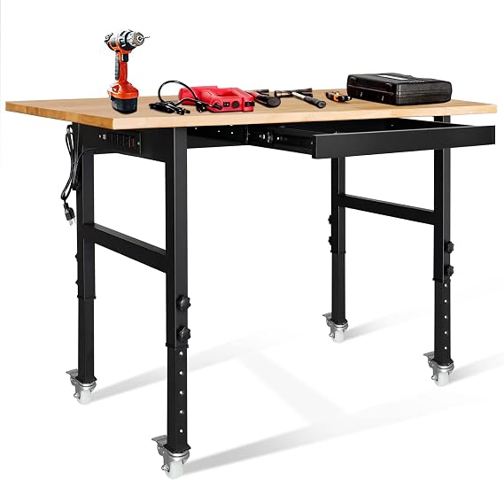 59" Bamboo Wood Garage Workbench w/Power Outlets & Drawer,Adjustable Height 25.4"-35.2",Multifunctional Workstation on Wheels 2000 Lbs Commercial Steel Work Tool Table Work Bench for Home Office