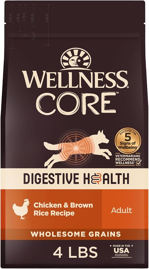 Wellness CORE Digestive Health Adult Dry Dog Food, Wholesome Grain Kibble, Sensitive Stomach, Natural, High Protein, Chicken Recipe, 4 lb Bag