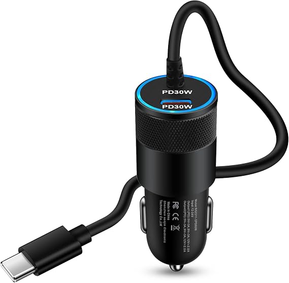 Pixel 7a Car Charger Type C for Google Pixel 7/7 Pro/6/6a/6 Pro/5a/5/4a/4/4 XL/3 XL/3/3a XL/3a/2,Galaxy S23/A54,60W 2-Port Super Fast Car Charger Adapter PD 30W & PD 30W Built-in 3ft Type C Cable