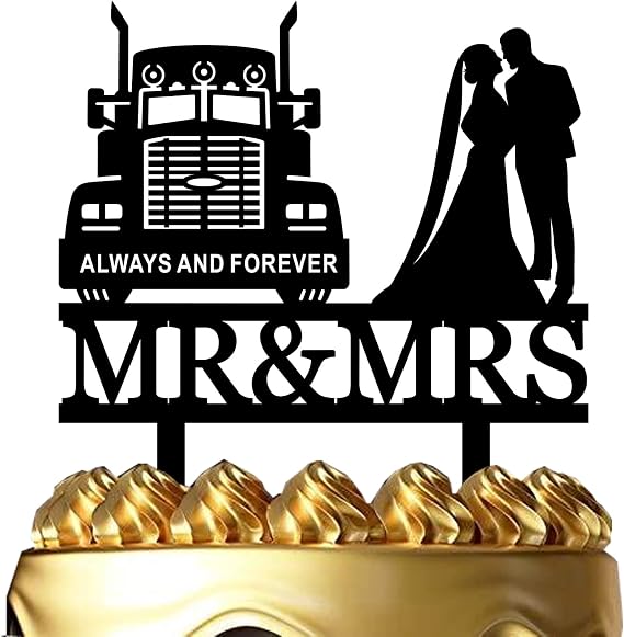 Classic Heavy Truck Wedding Cake Topper - Bride and Groom with Heavy Truck Cake Topper - Funny Old Truck Driver Wedding Mr and Mrs Cake Topper for Wedding/Anniversary/Bridal Shower Party Decor