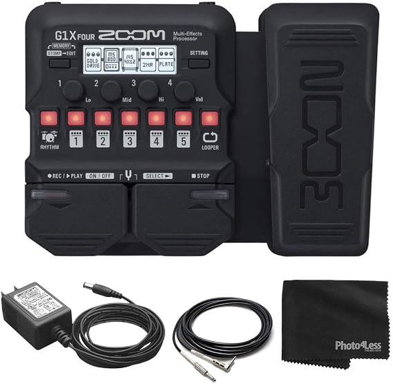 Zoom G1X Four Guitar Effects Processor with Built-In Expression Pedal + Zoom AD-16 9V AC adapter + Guitar Instrument Cable w Right Angle Plug + Photo4Less Cleaning Cloth - Deluxe Bundle