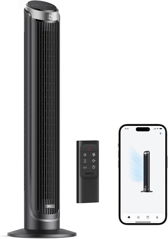 DREO Smart Tower Fans for Bedroom, 90 Oscillating Fans for indoors, 5 Speeds 4 Modes Max 26ft/s, 12H Timer, LED with Touch, Remote Control, 40" Quiet Bladeless Standing Floor Fan for Home Office