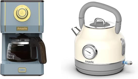 Amaste Blue Coffee Maker & White Retro Electric Kettle Set
