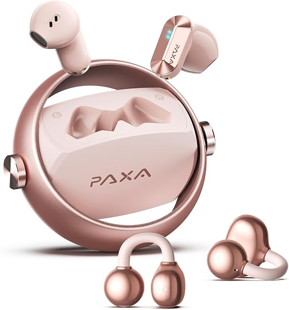 PAXA 2 in 1 Clip-on Earbuds Open Ear Headphones Bluetooth 6.0 Wireless Earbuds with in-Ear Earbuds, Ultra-long 140H Play, Auto L-R Recognition Touch Control for Work Fitness Daily Use Ctbuds Rose Gold