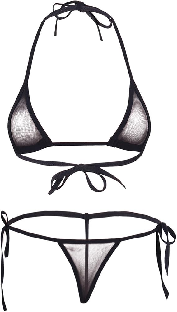 Women Sexy See Through Mini Micro Bra Sheer Bikini G String Bottom Set Swimsuit