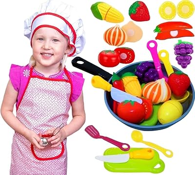 Toddler Play Kitchen Accessories Set with Apron and Chef Hat, Cooking Pan, Cutting Fruits & Vegetables, and Play Kitchen Utensils | Pretend Toy Pot with Slice up Fake Food, Knife and Cutting Board