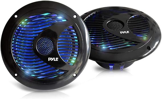 Pyle 6.5 Dual Marine Speakers - IP44 Waterproof and Weather Resistant Outdoor Audio Stereo Sound System with Built-in Led Lights, 150 Watt Power and Polypropylene Cone - 1 Pair - PLMR6LEB (Black)