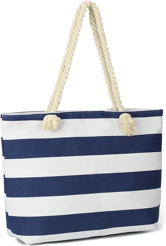 LAVTUG Large Canvas Beach Tote Bag for Women, Striped Beach Bag with Zipper