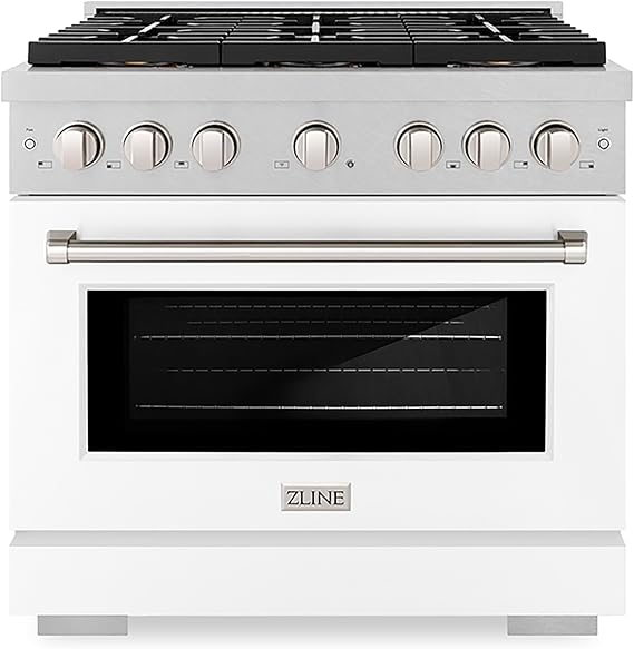 ZLINE 36 in. 5.2 cu. ft. Paramount Gas Range with 6 Burner DuoProTM Cooktop and Convection Gas Oven in Satin Stainless Steel with White Matte Door (PSGRS-WM-36)