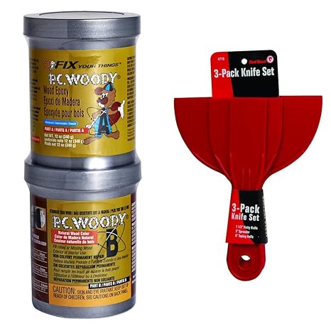 PC Products PC-Woody Wood Repair Epoxy Paste, Two-Part 12 oz in Two Cans, Tan & Red Devil 4718 3-Piece Plastic Knife Set, 1-Pack