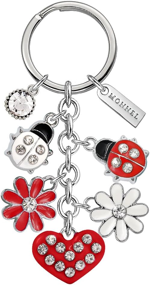 Red Ladybug Heart Keychain for Women Gifts Daisy Sunflower Natural Flowers Keychains Clip Hook Key Ring Purse Charms Pendants Accessories with Velvet Bag Z427