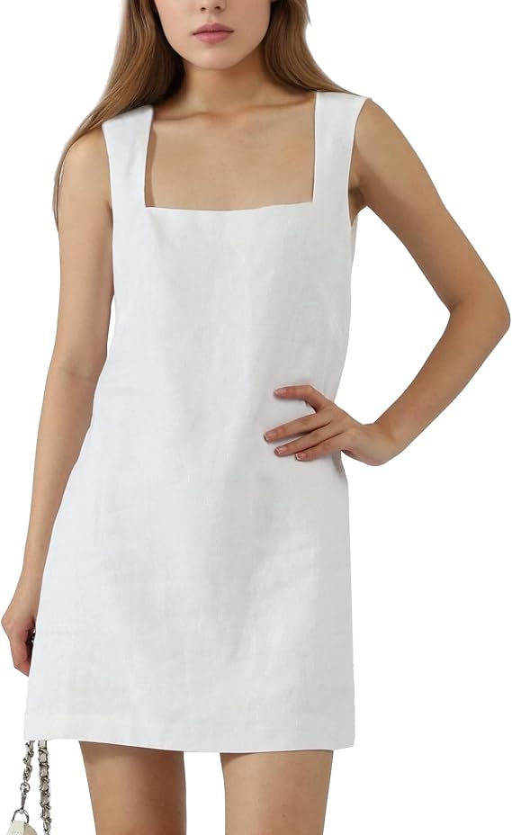 CLSEN Womens 100% Linen Mini Dress Square Neck Tailored Fit