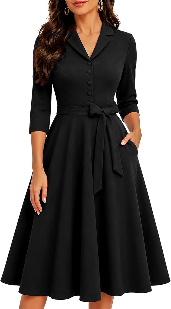 Wedtrend 1940s Dresses for Women 3/4 Sleeve Vintage Tea Party Dress Work Church 1950s Cocktail Dress with Pockets