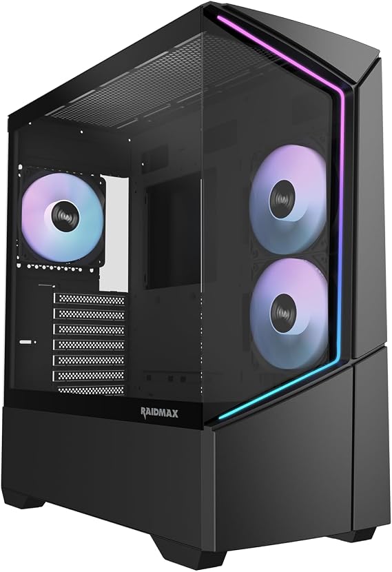 RAIDMAX i812 Panoramic Gaming PC Case, Innovative Tempered Glass Showcase with ARGB LED Stripe Front Panel, 3X 120mm ARGB Fans Pre-Installed, Supports 360mm AIO & 390mm GPU, ATX Mid Tower (Black)