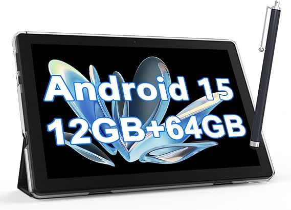 NOVOJOY Tablet 10 Inch Android Tablets with Case and Stylus Android 15 Tablet with Cover 2MP+8MP Dual Camera 6000mAh Battery 12GB RAM(4GB+8GB Expansion) 64GB ROM 5Gwifi-6 10.1" Tablets (Black)