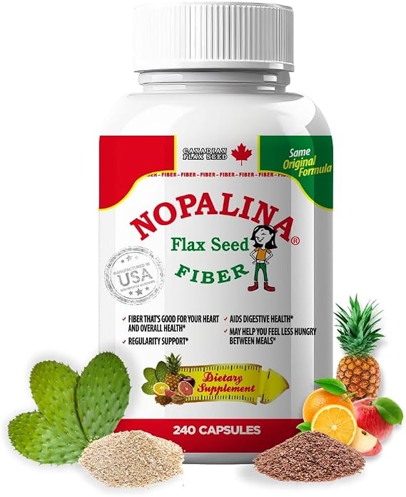 Nopalina Fiber Formula | 240 Capsules | Flax Seed, Psyllium, Oat and Wheat Bran, Omega 3, 6 & 9 | Gut Health & Regularity | The Original