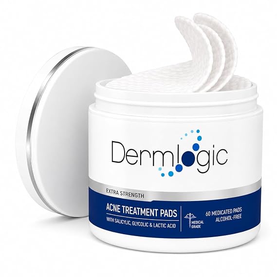 Acne Treatment Pads- Contains Salicylic, Glycolic, Lactic Acid for Face & Body. Clears Away Clogged Pores, Oily Skin & Cystic Breakouts. Removes Dark Spots, Blackhead & Whitehead Pimples
