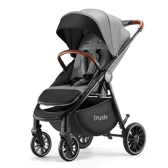 Tinyiota Baby Stroller with UPF 50+ Canopy, One-Hand Fold & Leather Handle | Luxury Baby Stroller with Spacious Seat, Baby Carriage with Lie-Flat Mode and All-Terrain Stroller with PU Wheels