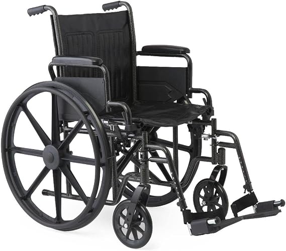 Dr. Dunley Black Wheelchair with 18" W seat, Removable Desk-Length arms and Swing-Away Leg Rests, Padded armrests, Foldable