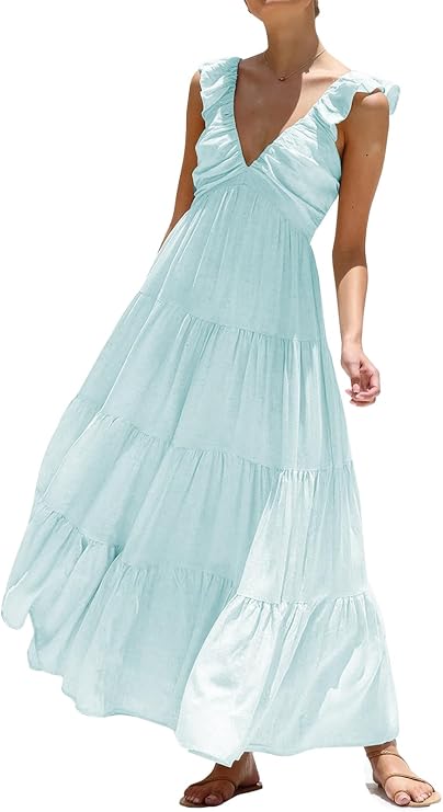ebossy Women Flowy Tunic Beach Dress Sexy V Neck Ruffles Cap Sleeve Shirred Tiered Maxi Sundress