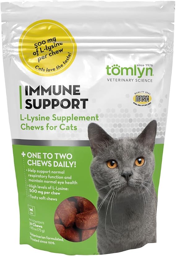Tomlyn Immune Support Daily L-Lysine Supplement, Fish-Flavored Lysine Chews for Cats and Kittens, 30ct