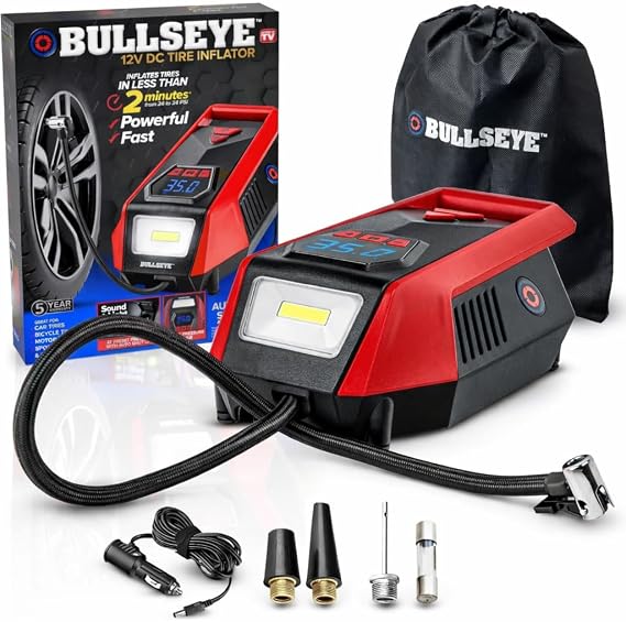 Bullseye 12V DC Car Tire Inflator Portable Air Compressor - Rapid 2 Minute Inflation, Auto Shut-Off, Max 150 PSI, Easy Cord Storage, Digital Pressure Gauge, Works For Bikes, Motorcycles, Inflateables