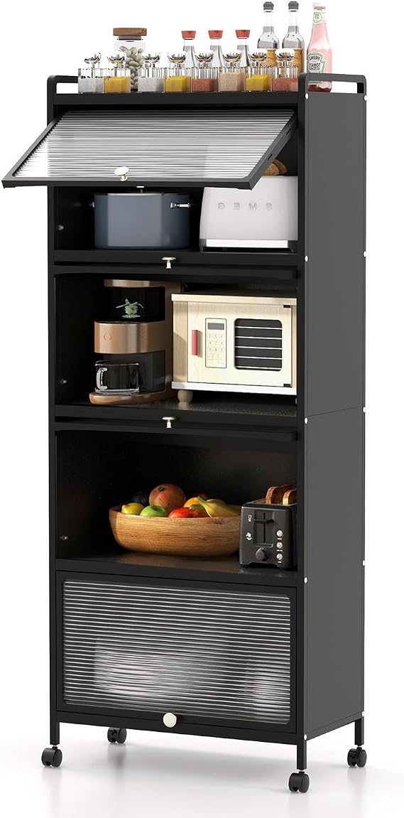 5-Tier Kitchen Storage Cabinet, Mobile Microwave Stand with Metal Frame, 4 Lockable Casters & Flip-up PC Doors, Freestanding Bakers Rack for Kitchen, Dining Room, Living Room (Black)