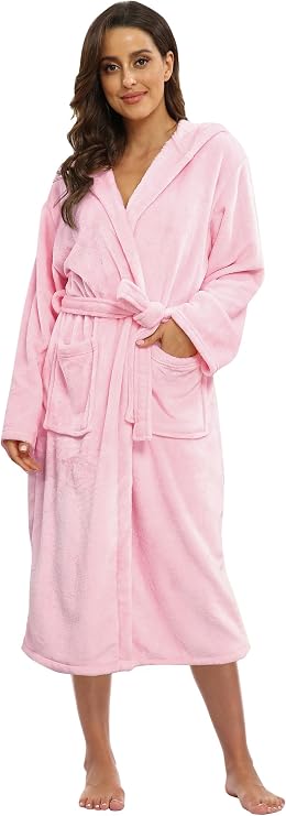 Super Shopping-zone Women's Plush Hooded Bathrobe Winter Warm Robes Soft Fleece Long Robe Luxury Dressing Gown