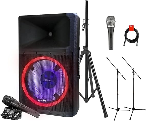 Gemini Sound GSP-L2200PK Indoor 2200W 15" Peak Bi-Amped Wired AC Powered Bluetooth DJ Speaker Bundle with Polsen M-85 Mic, 2X MS-5230F Tripod Mic Stand, and 20" XLR-XLR Cable