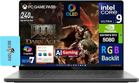 ASUS ROG Zephyrus AI Gaming Laptop 16.0" 240Hz OLED WQXGA Display (Intel Ultra 9-285H, GeForce RTX 5080 16GB, 32GB LPDDR5X, Win 11 Home) w/MS 365 Personal, DKZ USB Port Expander