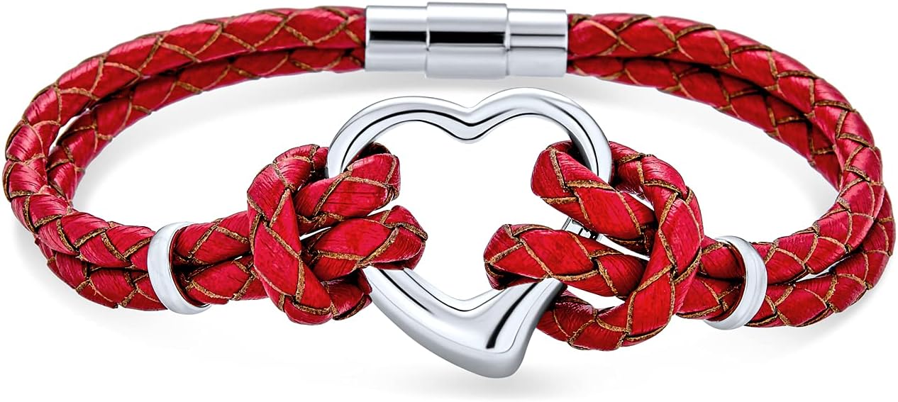 Heart Charm Red White Pink Leather Multi Strand Bracelet Silver Plated